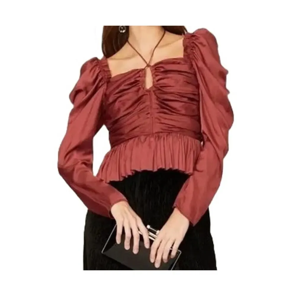 Ulla Johnson Mirelle Ruched Peplum Satin Blouse Desert Rose Size 6
